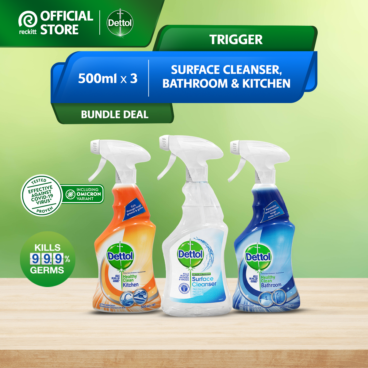 Dettol Trigger Spray Bundle Deal 500ml x3 (Surface Cleanser, Bathroom & Kitchen)