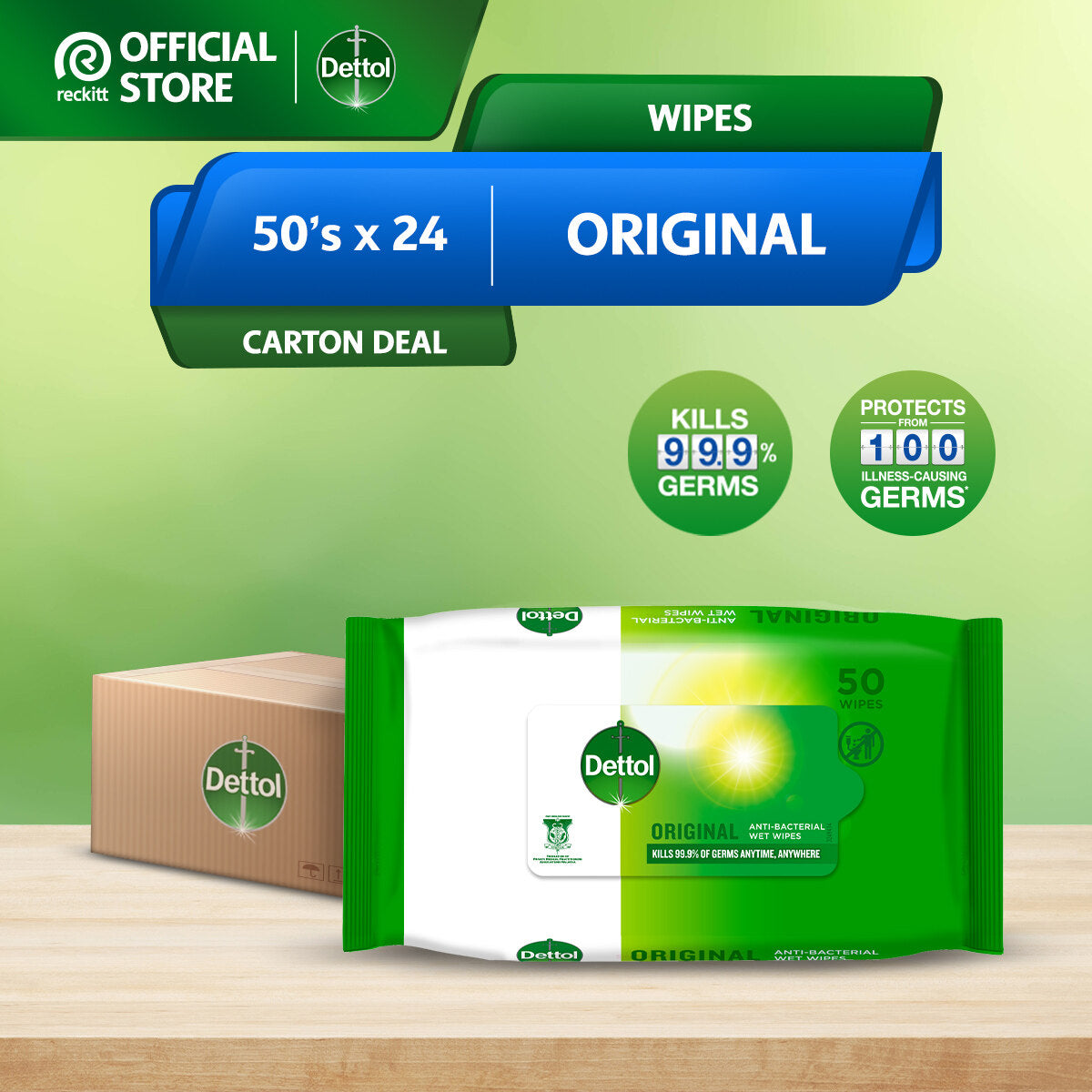 (Carton Deal) Dettol Antibacterial Wet Wipes/Wet Tissue 50s x24 (Original) (Kitchen, Household Cleaning, Travelling, Toilet)