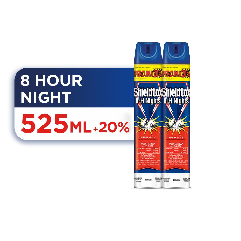 Shieldtox 8-H Nights Mosquito Spray Aerosol (525ml +20%) Twin Pack