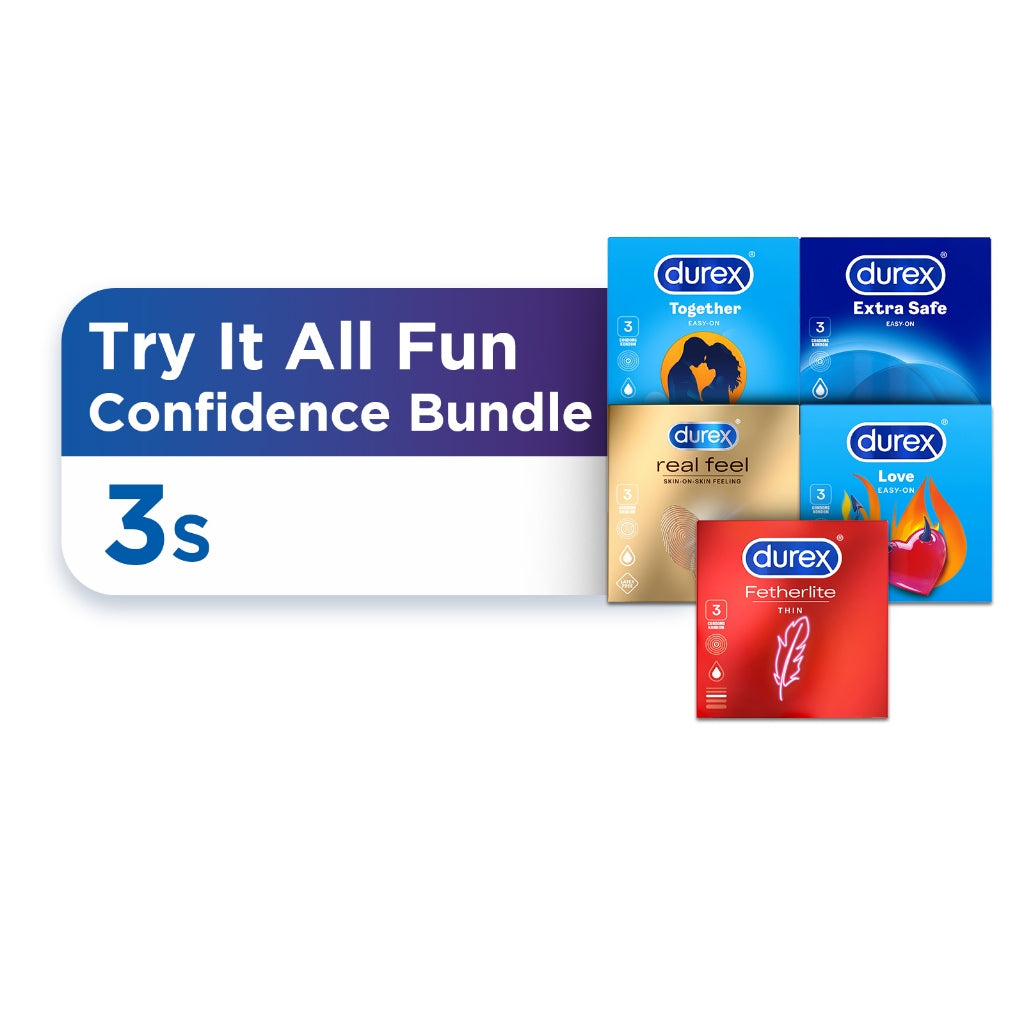 Durex Try It All Confidence Bundle Condoms 3's Basic, Thin, Synthetic & Latex Free, Regular size 52mm & Large size 56mm