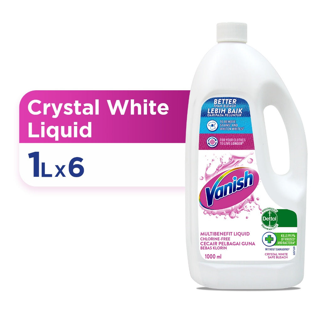 Vanish Crystal White Fabric Clothes Stain Remover Liquid 1L/1L x6