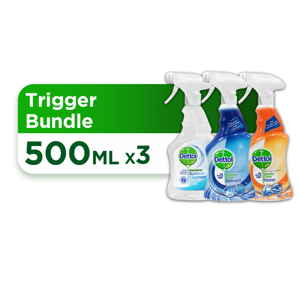 Dettol Trigger Spray Bundle Deal 500ml x3 (Surface Cleanser, Bathroom & Kitchen)