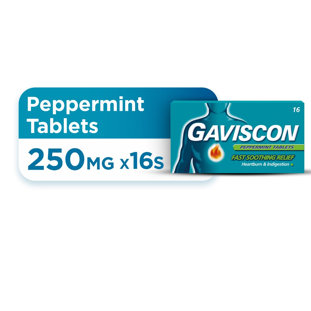 Gaviscon Peppermint Tablet 250mg x 16s (Fast soothing relief from heartburn & indigestion)
