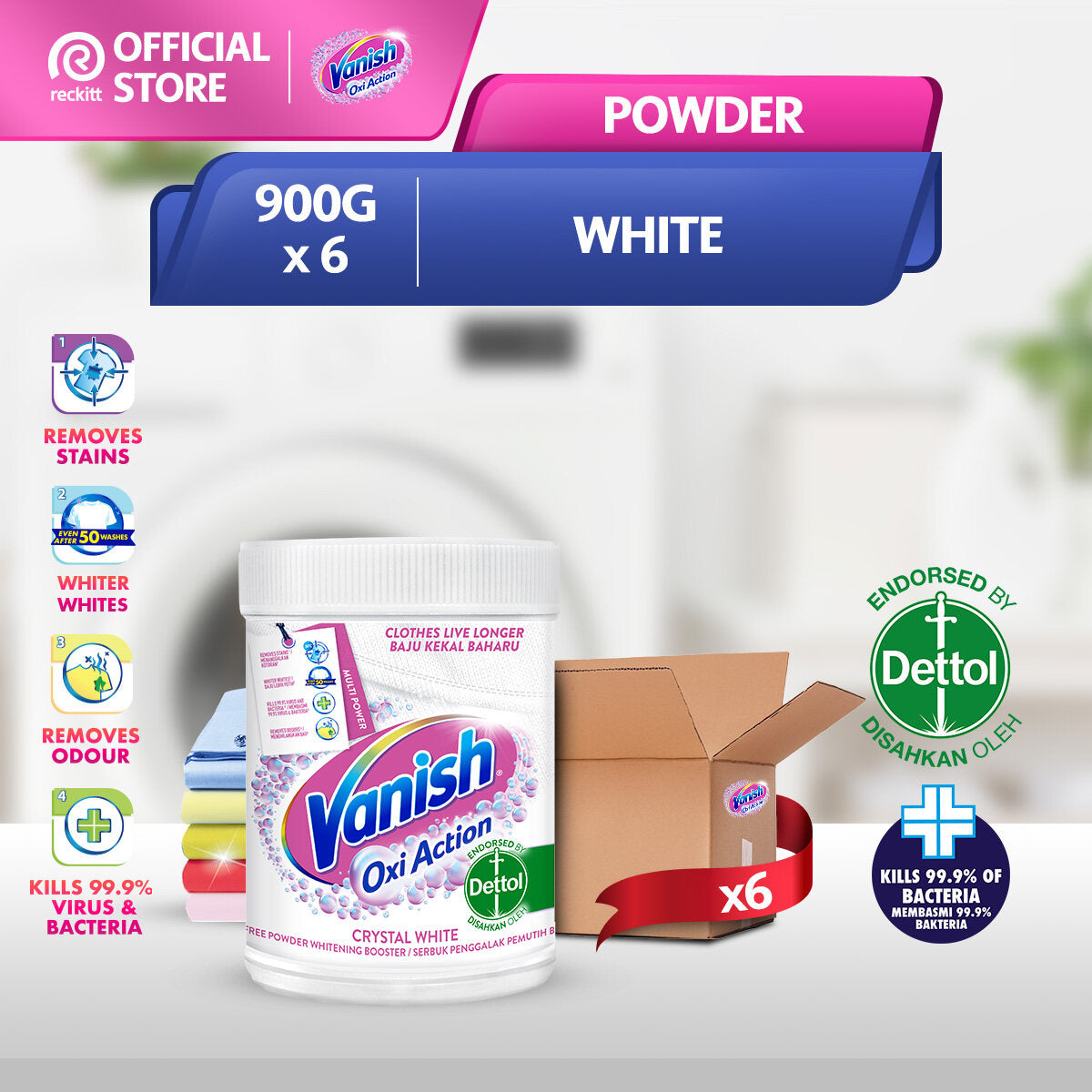 [Carton] Vanish Fabric Clothes Crystal White Stain Remover Laundry Detergent Powder (900g x 6)