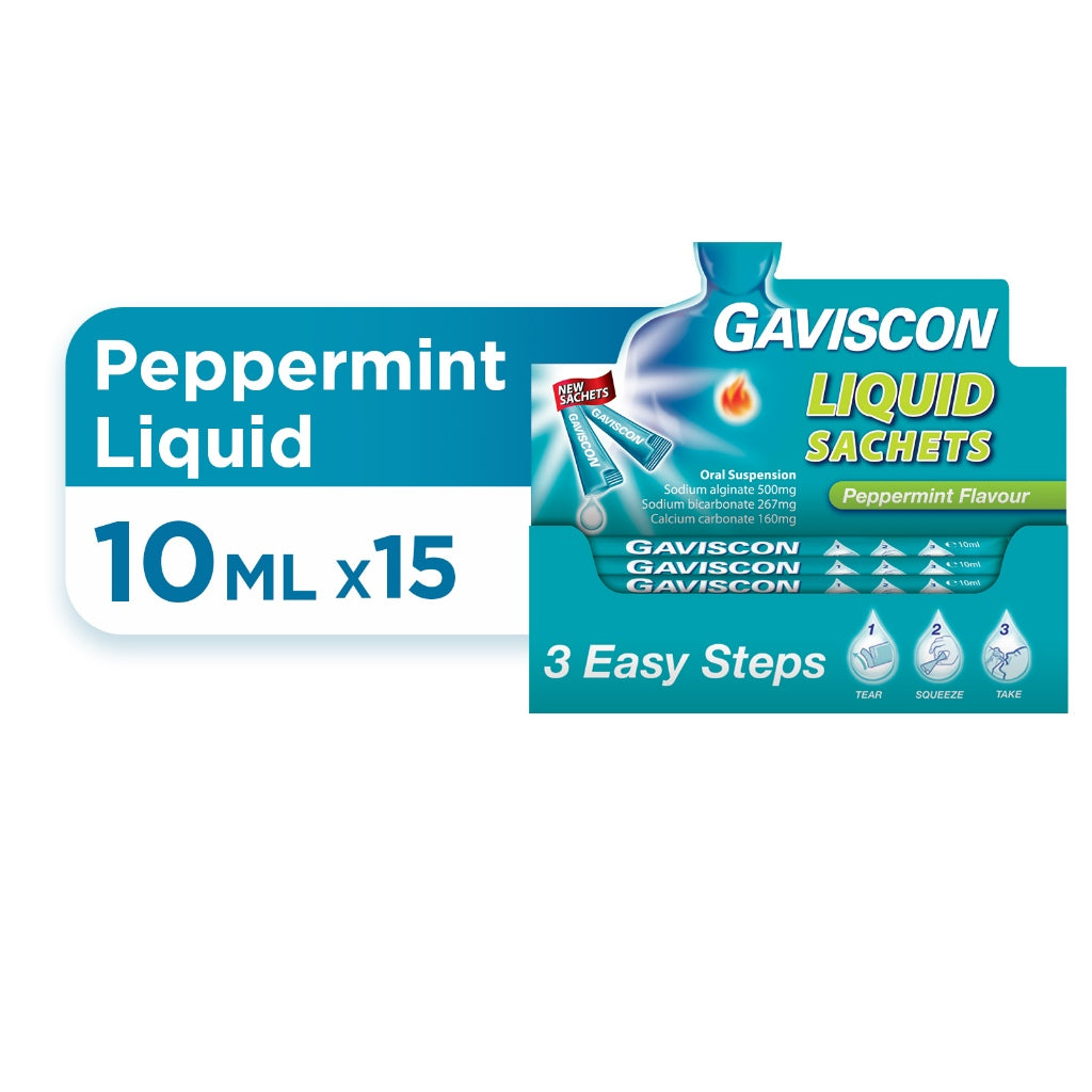 Gaviscon Peppermint Liquid Sachet 10ml/10ml x5/10ml x15/10ml x30 (Relief from heartburn & acid indigestion)
